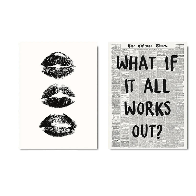 2Pcs Black White Kiss Lips Preppy Art Canvas Poster Aesthetic What If It All Works Out Retro Newspaper Print Home Decoration