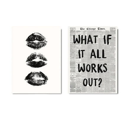 2Pcs Black White Kiss Lips Preppy Art Canvas Poster Aesthetic What If It All Works Out Retro Newspaper Print Home Decoration