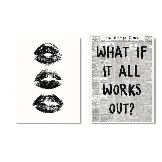 2Pcs Black White Kiss Lips Preppy Art Canvas Poster Aesthetic What If It All Works Out Retro Newspaper Print Home Decoration