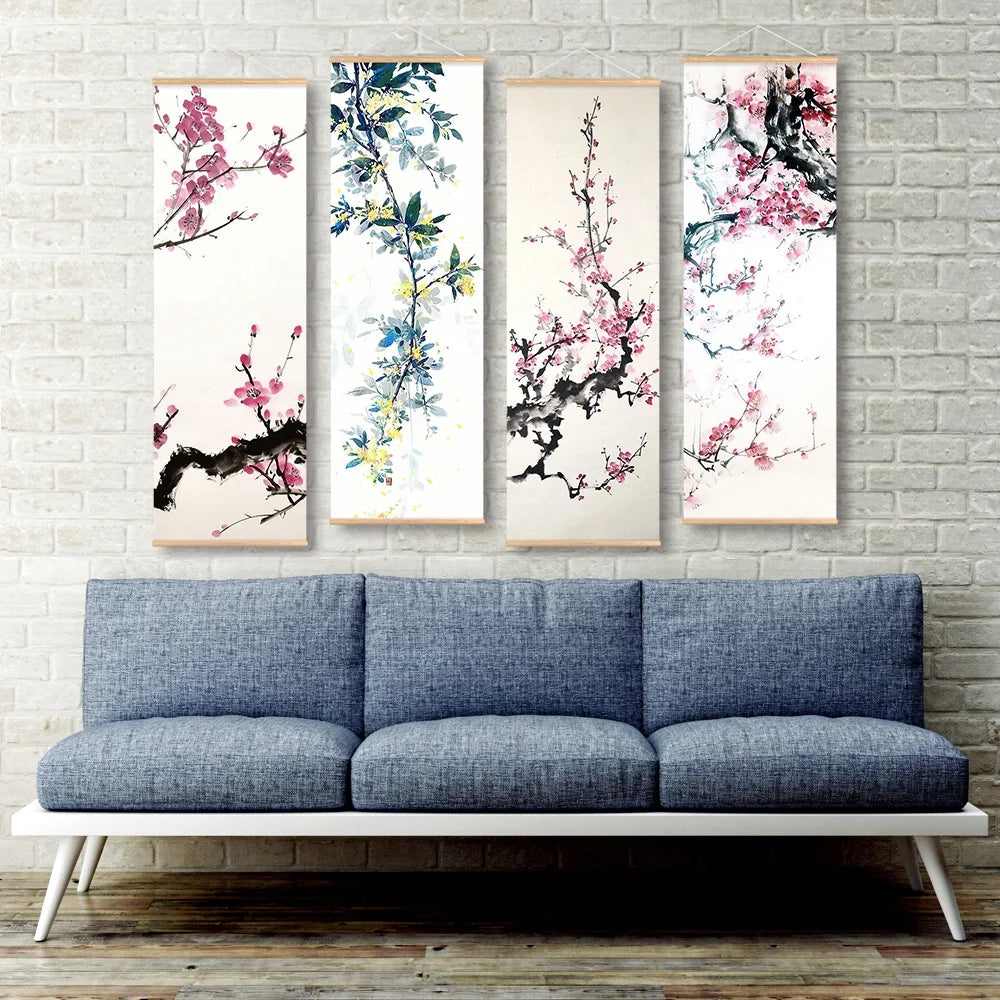 Chinese Plum Blossom Scroll Hanging Painting Canvas Art Flower Wall Painting Scroll Painting Living Room Home Decoration