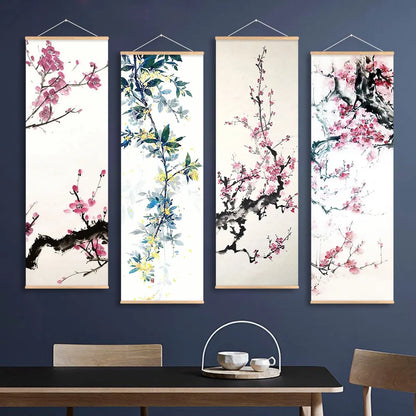 Chinese Plum Blossom Scroll Hanging Painting Canvas Art Flower Wall Painting Scroll Painting Living Room Home Decoration