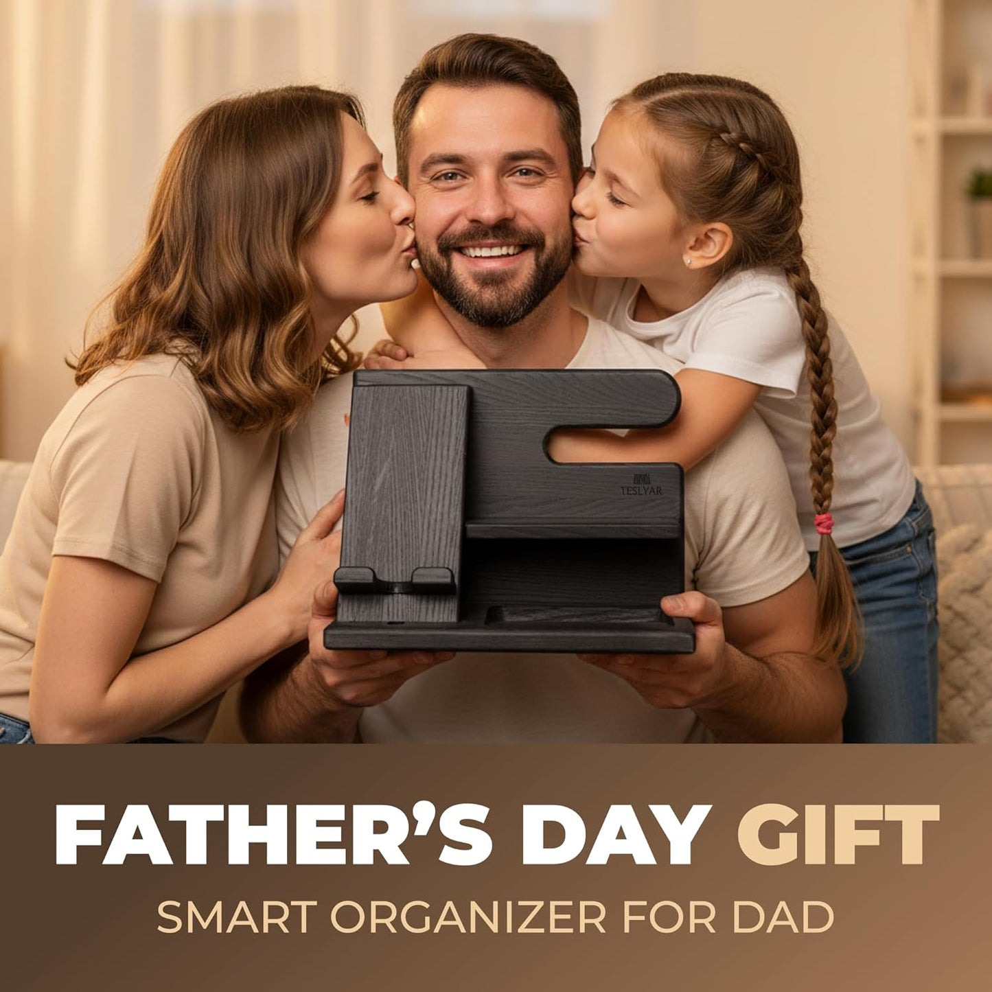 Wood Phone Docking Station for Men - Desktop or Nightstand Organizer - Birthday Gifts for Men, Dad - Anniversary Idea from Wife - Key Holder, Stand Wallet, Watch & Essentials (Granite Black)