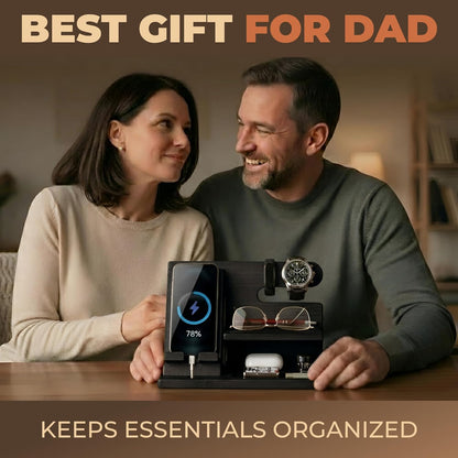 Wood Phone Docking Station for Men - Desktop or Nightstand Organizer - Birthday Gifts for Men, Dad - Anniversary Idea from Wife - Key Holder, Stand Wallet, Watch & Essentials (Granite Black)