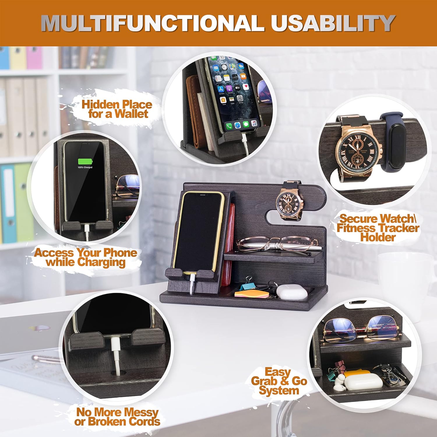 Wood Phone Docking Station for Men - Desktop or Nightstand Organizer - Birthday Gifts for Men, Dad - Anniversary Idea from Wife - Key Holder, Stand Wallet, Watch & Essentials (Granite Black)
