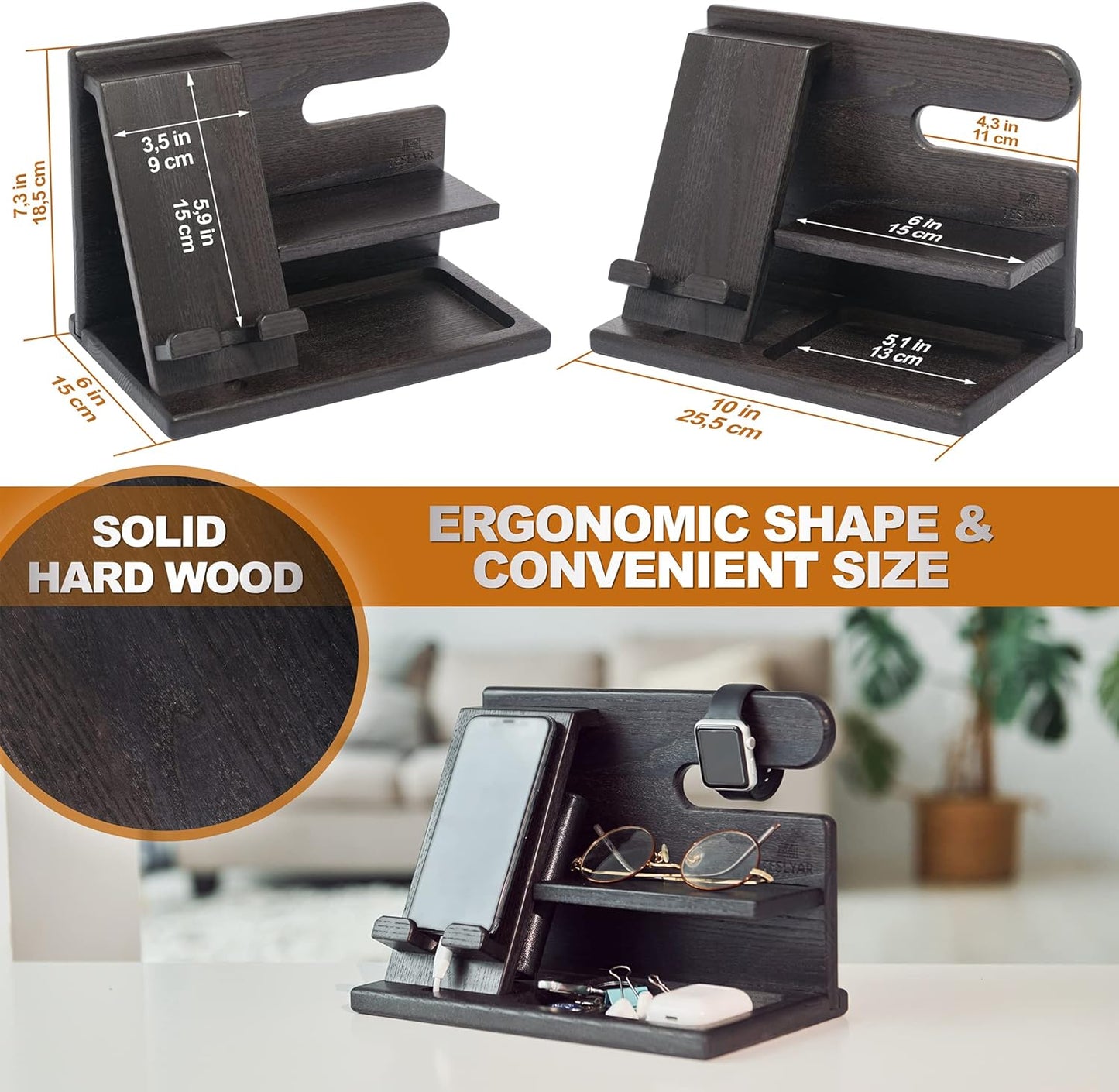 Wood Phone Docking Station for Men - Desktop or Nightstand Organizer - Birthday Gifts for Men, Dad - Anniversary Idea from Wife - Key Holder, Stand Wallet, Watch & Essentials (Granite Black)