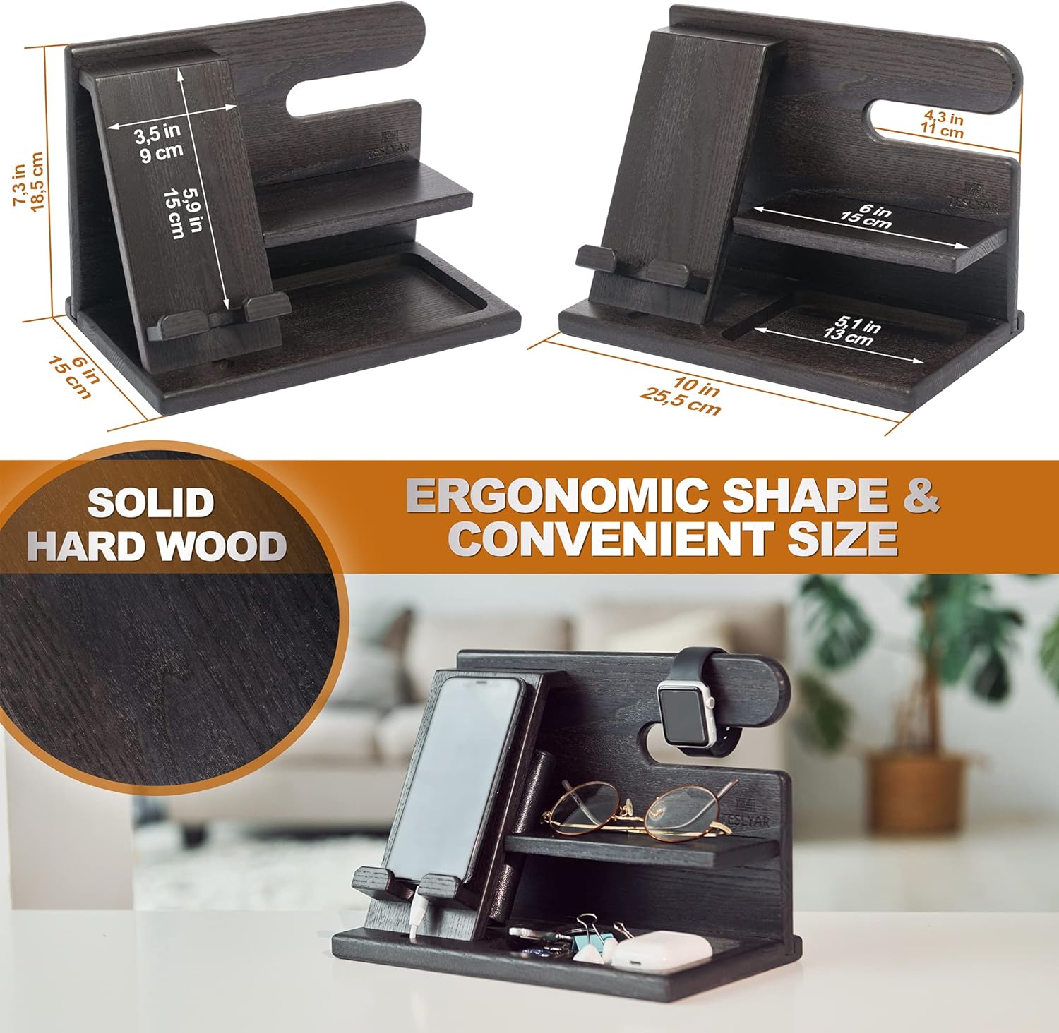 Wood Phone Docking Station for Men - Desktop or Nightstand Organizer - Birthday Gifts for Men, Dad - Anniversary Idea from Wife - Key Holder, Stand Wallet, Watch & Essentials (Granite Black)
