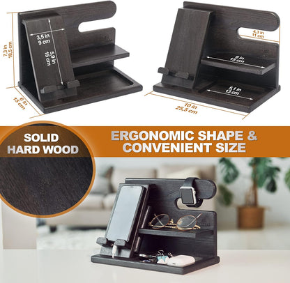 Wood Phone Docking Station for Men - Desktop or Nightstand Organizer - Birthday Gifts for Men, Dad - Anniversary Idea from Wife - Key Holder, Stand Wallet, Watch & Essentials (Granite Black)