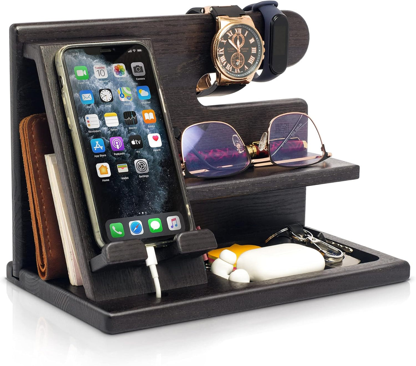 Wood Phone Docking Station for Men - Desktop or Nightstand Organizer - Birthday Gifts for Men, Dad - Anniversary Idea from Wife - Key Holder, Stand Wallet, Watch & Essentials (Granite Black)