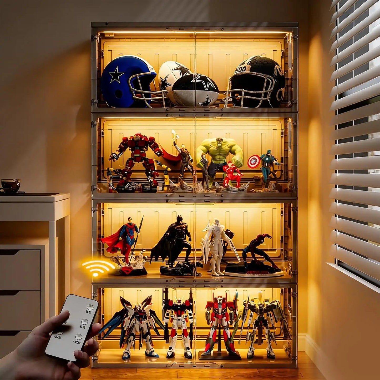 Black Glass Display Case with 2-Color LED Lights and Infrared Sensor for Collectibles, Remote Controlled Storage Cabinet