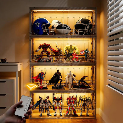 Black Glass Display Case with 2-Color LED Lights and Infrared Sensor for Collectibles, Remote Controlled Storage Cabinet