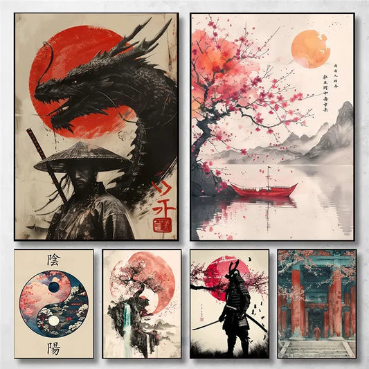 Japanese Samurai Bonsai Birdhouse Print Art Poster Gallery Wall Vintage Canvas Painting Bedroom Room Decorative Wall Art