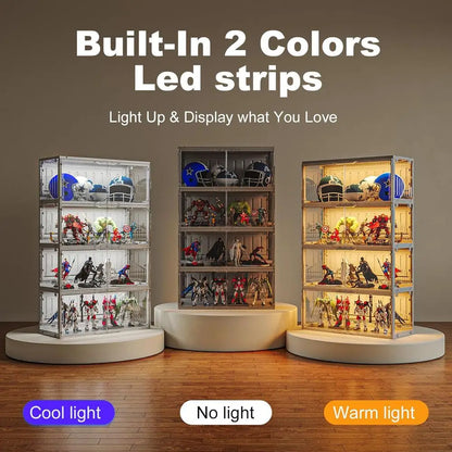 Black Glass Display Case with 2-Color LED Lights and Infrared Sensor for Collectibles, Remote Controlled Storage Cabinet