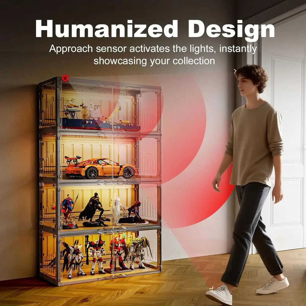 Black Glass Display Case with 2-Color LED Lights and Infrared Sensor for Collectibles, Remote Controlled Storage Cabinet