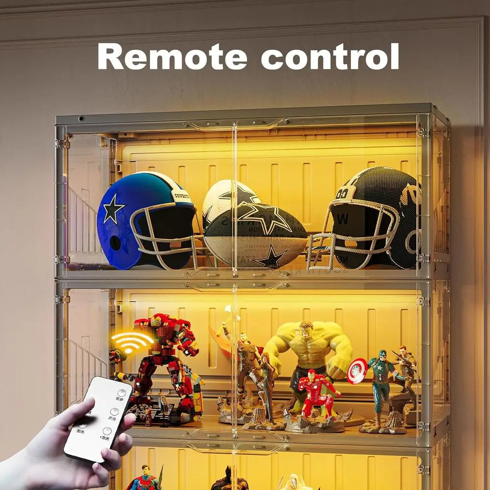 Black Glass Display Case with 2-Color LED Lights and Infrared Sensor for Collectibles, Remote Controlled Storage Cabinet